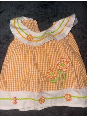 Vintage Mon Petit Baby Dress 12M Orange Gingham Floral Ruffle Collar